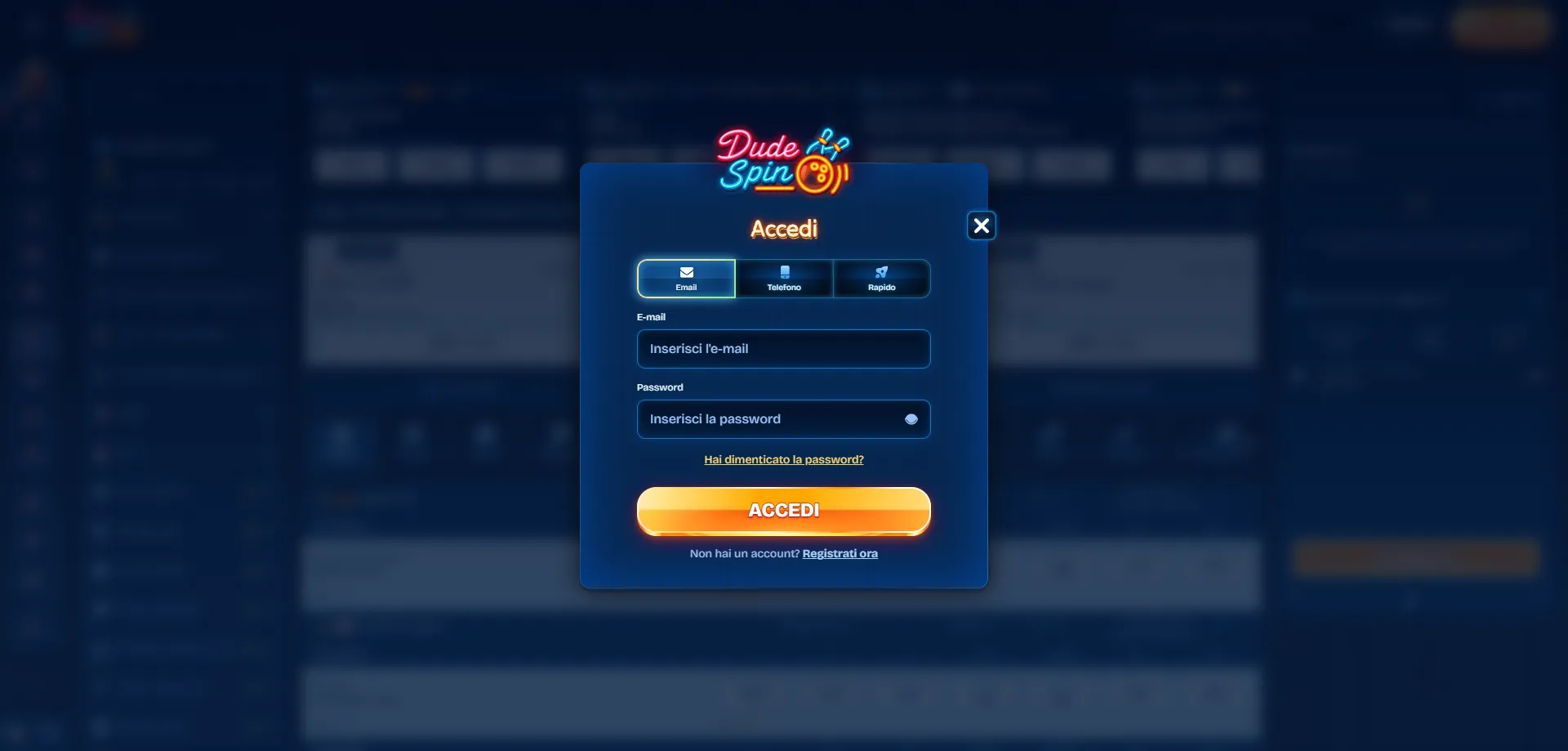 Schermata di accesso Dudespin Casino per giocatori italiani