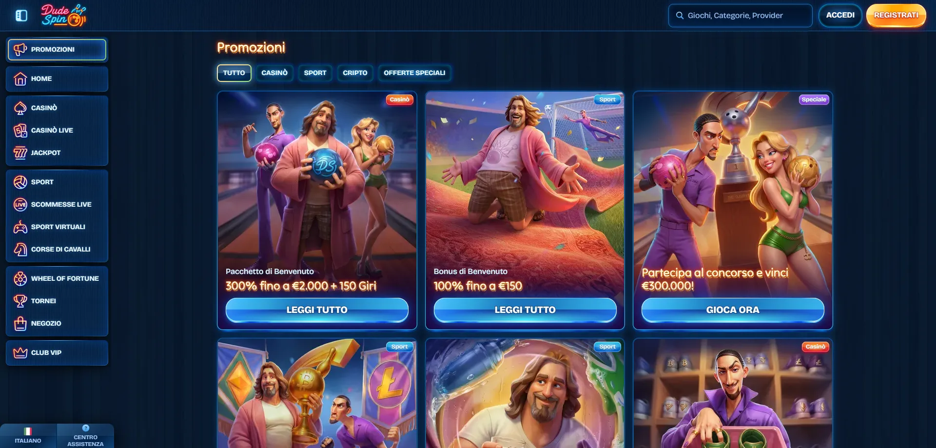 Bonus di benvenuto Dudespin Casino fino a €2.000 e 150 free spin