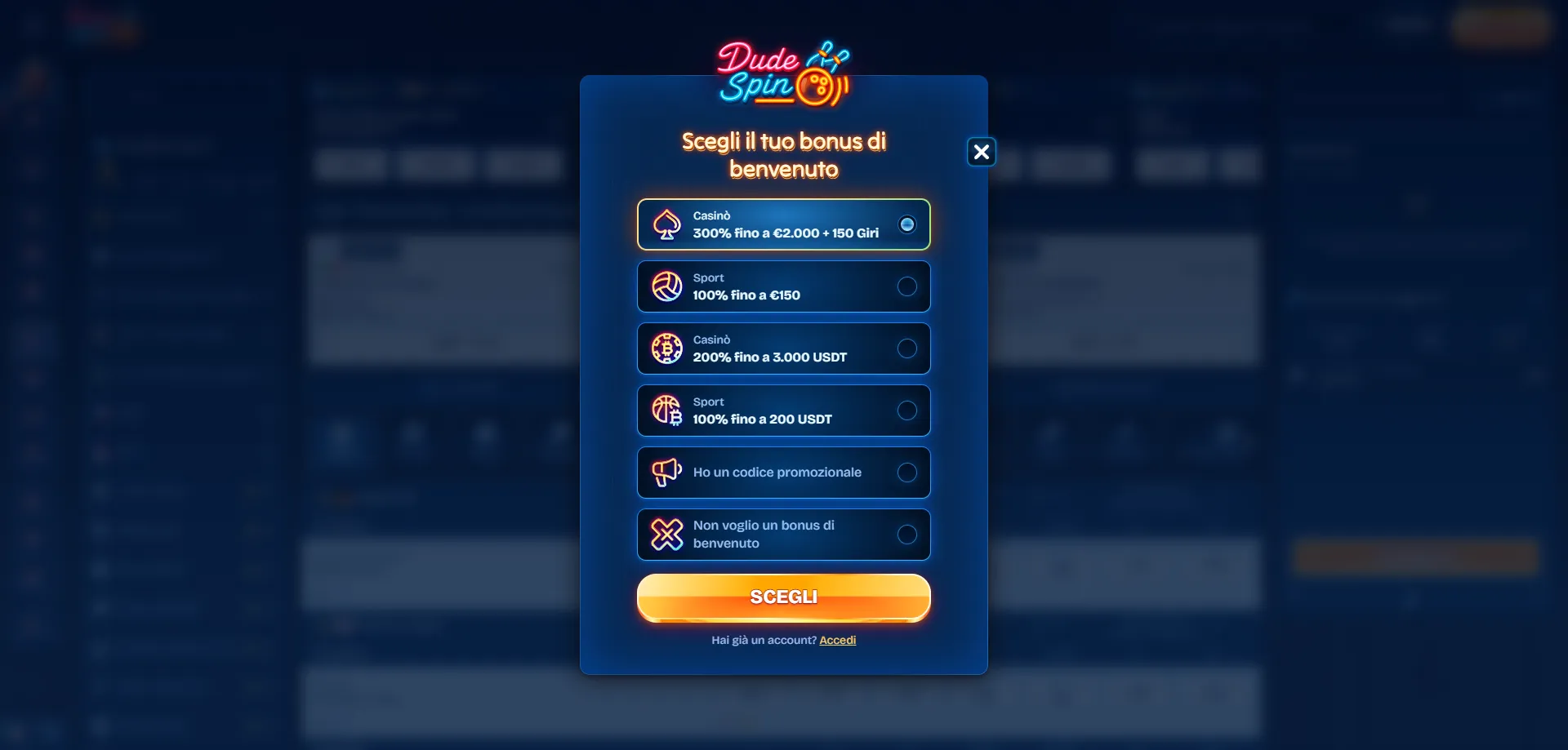Modulo di registrazione Dudespin Casino per nuovi giocatori italiani