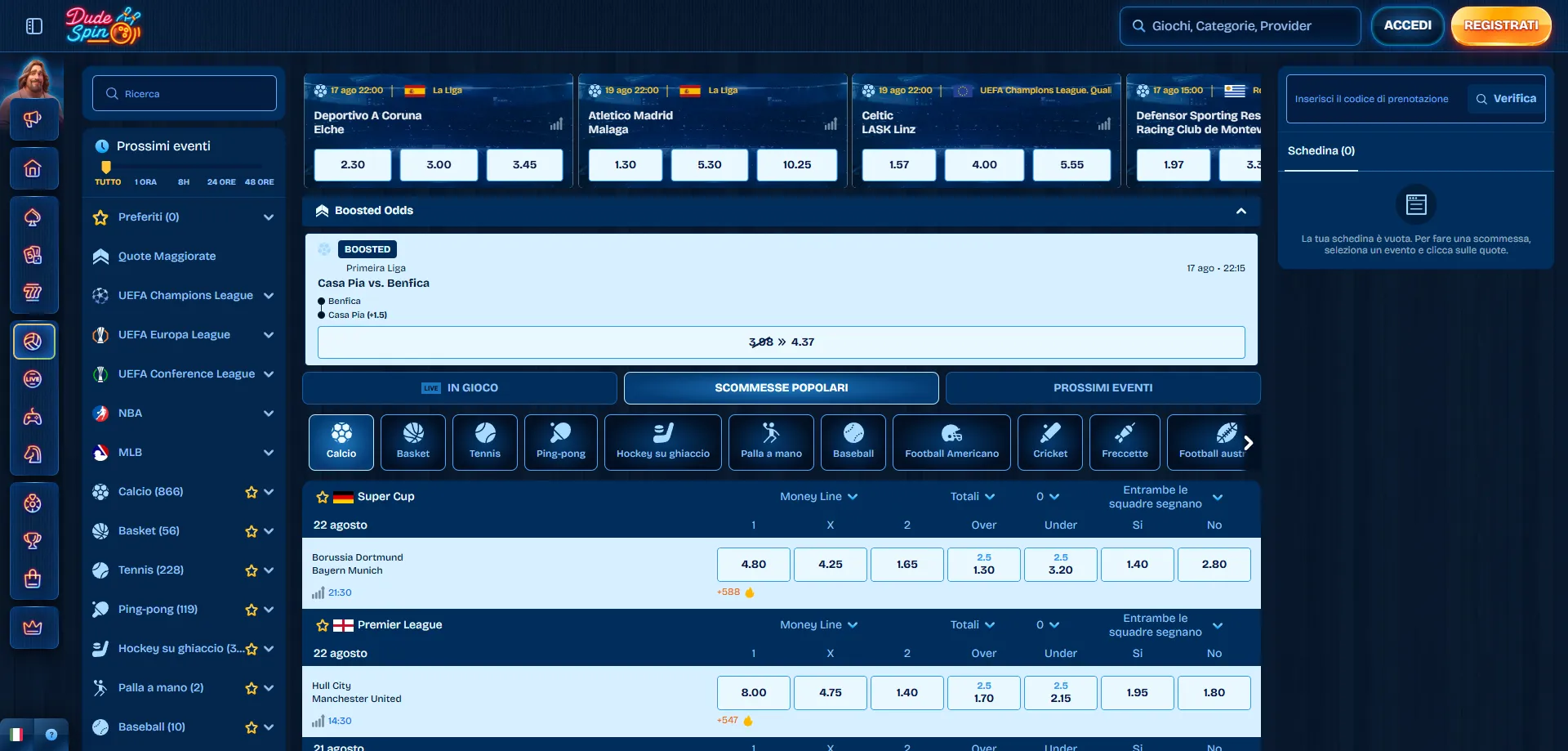 Scommesse sportive e live betting su Dudespin Casino